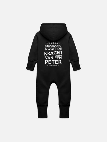 Onderschat nooit een Peter. Persoonlijk cadeau. - Baby bio sweat kruippakje met capuchon - zwart