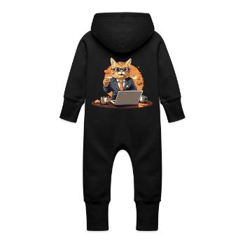 CEO cat in suit with laptop and coffee - Baby Organic Sweat Overalls With Hood - black - Back