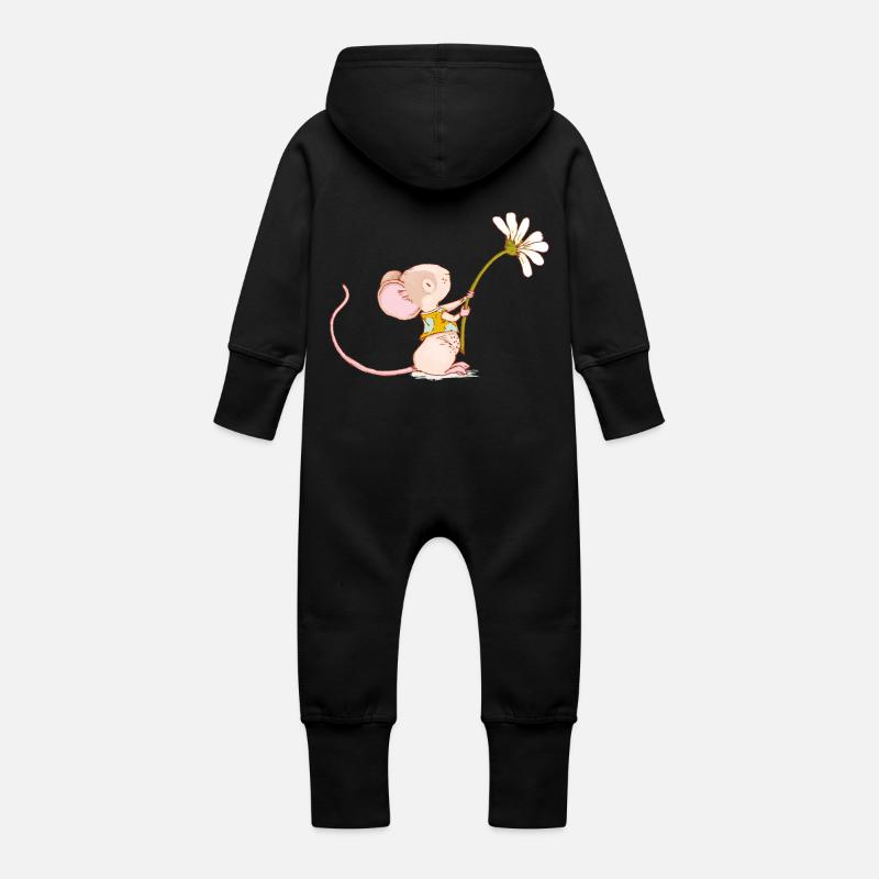 Souris avec fleur - Grenouillère à capuche bio en molleton Bébé - noir