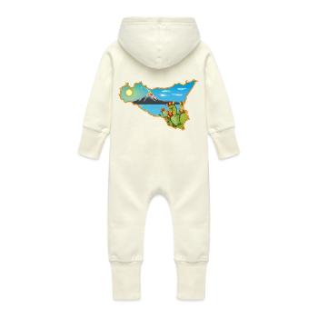 Etna panorama on the map of Sicily - Baby Organic Sweat Overalls With Hood - vanilla - Back