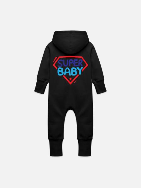 Super Baby - Baby Organic Sweat Overalls With Hood - black