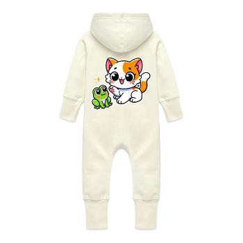 Cute ginger white Cat met a frog - Baby Organic Sweat Overalls With Hood - vanilla - Back