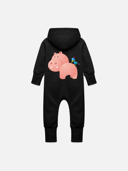 Nilpferd mit Vogel - Baby Bio Sweat Overall mit Kapuze - Schwarz