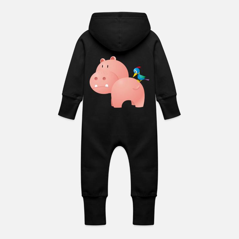 Nilpferd mit Vogel - Baby Bio Sweat Overall mit Kapuze - Schwarz