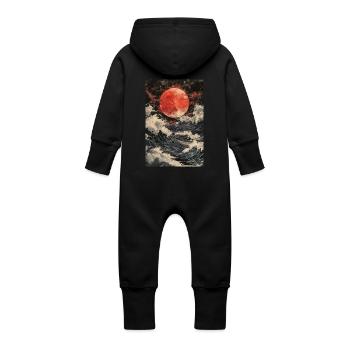 Red Moon Over Stormy Sea - Baby Organic Sweat Overalls With Hood - black - Back