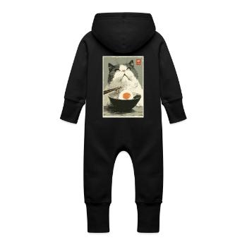 Cat Staring at Ramen Bowl - Baby Organic Sweat Overalls With Hood - vanilla - Back