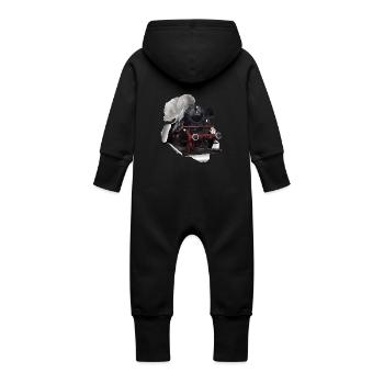 Steam locomotive breaks through paper - Baby Organic Sweat Overalls With Hood - black - Back