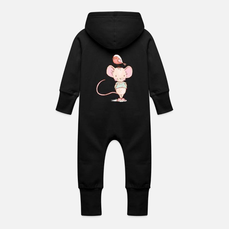 Maus mit Vogel - Baby Bio Sweat Overall mit Kapuze - Schwarz