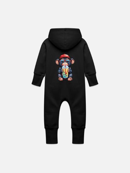 Little monkey chimpanzee with lemonade - Baby Organic Sweat Overalls With Hood - 