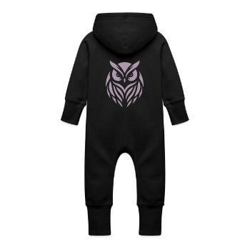 Wise Wood Owl: Tawny Owl silhouette art - Baby Organic Sweat Overalls With Hood - black - Back