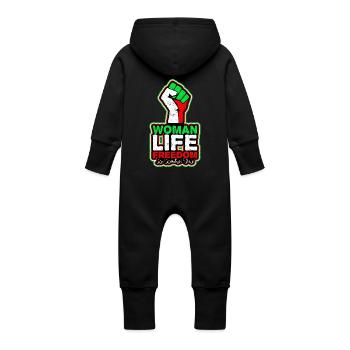 Woman Life Freedom | With fist and in Iran colors - Baby Organic Sweat Overalls With Hood - black - Back