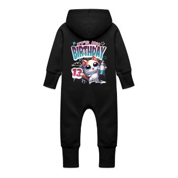 13th Birthday Cat Graffiti - Baby Organic Sweat Overalls With Hood - vanilla - Back