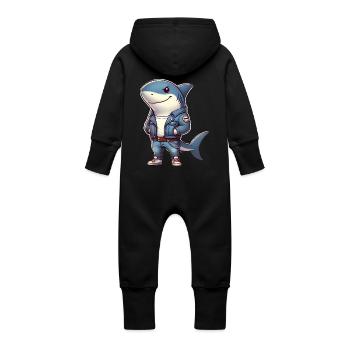 Cool Shark in Denim Jacket Design - Baby Organic Sweat Overalls With Hood - vanilla - Back