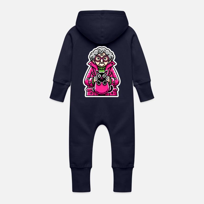 Drôle de femme âgée avec chat design - Grenouillère à capuche bio en molleton Bébé - marine