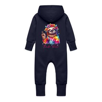 Fauler Power - Flower Power - Hippie Faultier - Baby Bio Sweat Overall mit Kapuze - Navy - Hinten