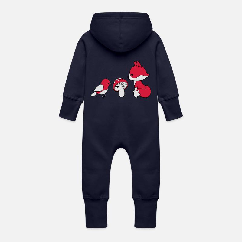 Fuchs Pilz Vogel - Baby Bio Sweat Overall mit Kapuze - Navy