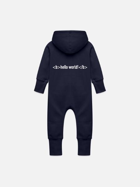 baby - hej verden - Økologisk sweatshirt-overall med hætte til baby - marineblå