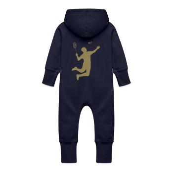 Minimalist Badminton Silhouette Design - Baby Organic Sweat Overalls With Hood - navy - Back