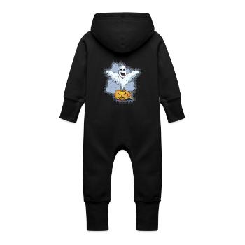 Scary Halloween Ghost with Pumpkin - Baby Organic Sweat Overalls With Hood - vanilla - Back