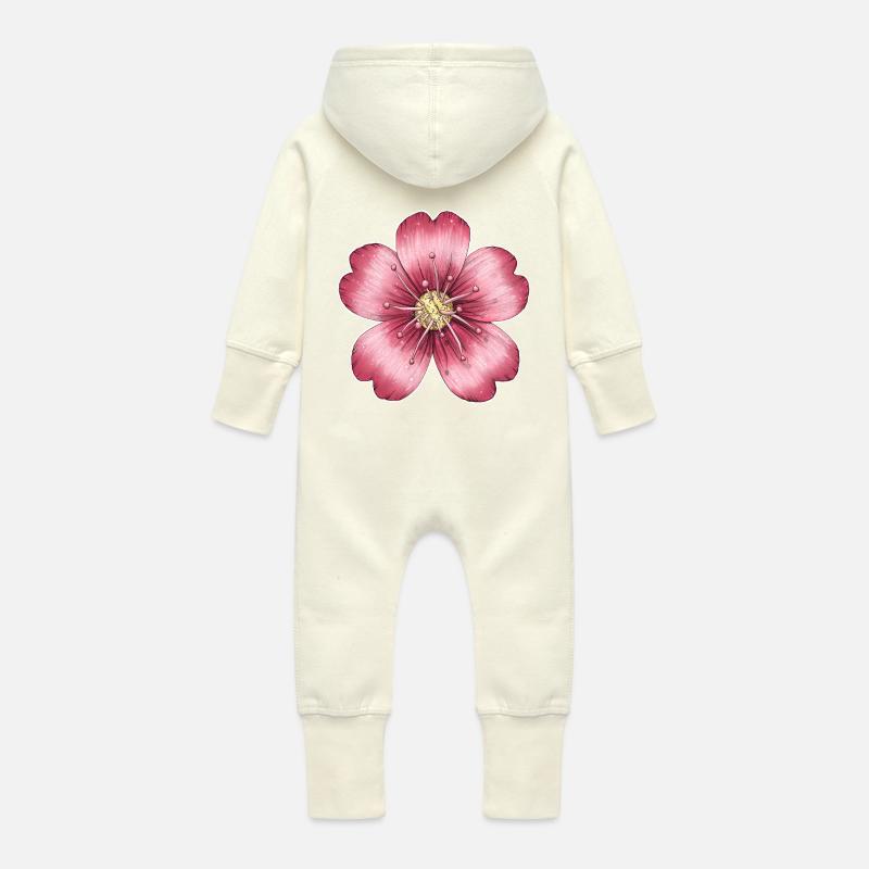 Fleur rose foncé - Grenouillère à capuche bio en molleton Bébé - vanille