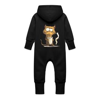 Morning grouch cat with coffee - Baby Organic Sweat Overalls With Hood - vanilla - Back
