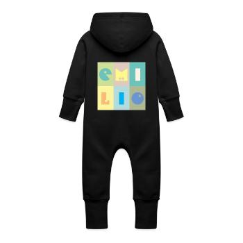 Emilio Name Baby Boy Colorful - Baby Organic Sweat Overalls With Hood - vanilla - Back