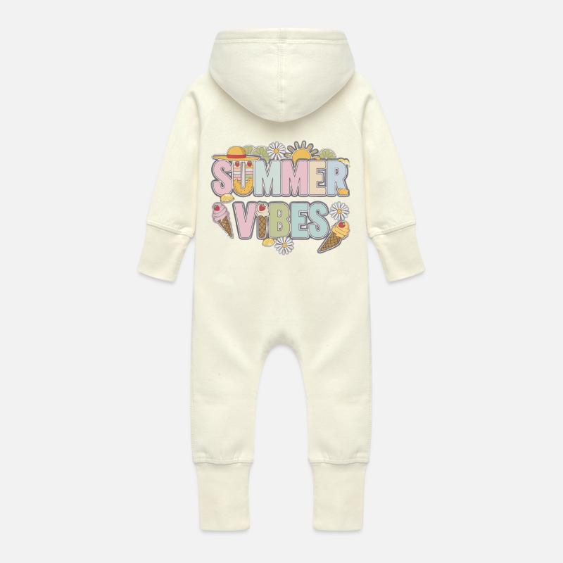 Ambiance estivale bohème - Grenouillère à capuche bio en molleton Bébé - vanille