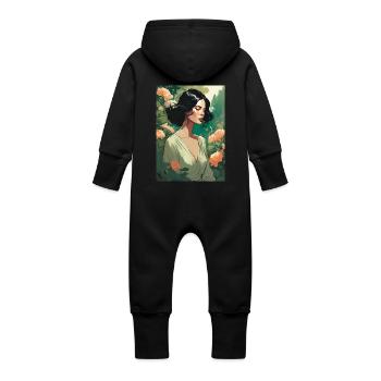 black-haired beautiful woman in flower field gift - Baby Organic Sweat Overalls With Hood - vanilla - Back