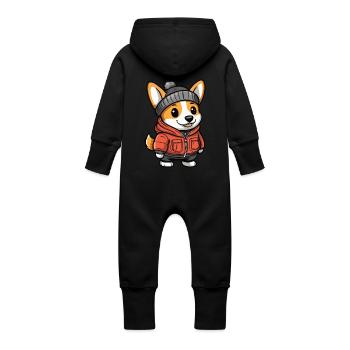 Corgi Dog Cartoon - Baby Organic Sweat Overalls With Hood - vanilla - Back
