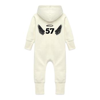 Number 57 Angel - 57th Birthday Wings - Baby Organic Sweat Overalls With Hood - vanilla - Back