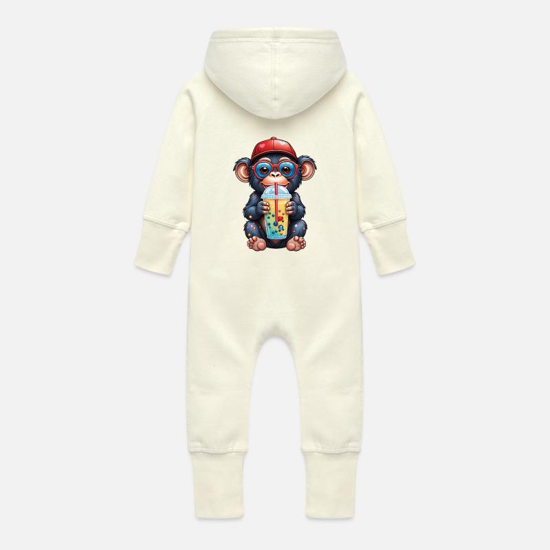 Kleiner Affe Schimpanse mit Limonade - Baby Bio Sweat Overall mit Kapuze - Vanille-Milchshake