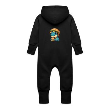 Satisfied Dino T-Rex with Hamburger Cheeseburger - Baby Organic Sweat Overalls With Hood - vanilla - Back