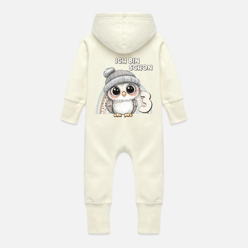 3ème anniversaire hibou arc-en-ciel mignon mignon - Grenouillère à capuche bio en molleton Bébé - vanille