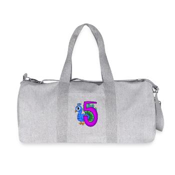 5 years old - 5th birthday - Peacock bird motif - Recycled Canvas Sports Bag by Stanley/Stella - heather grey - Front