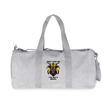 Yellow-Black Menpo Mask with Text - Recycled Canvas Sports Bag by Stanley/Stella - heather grey - Front