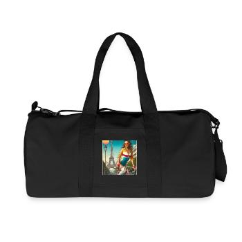Beautiful young girl riding a bike in front of the Eiffel Tower - Recycled Canvas Sports Bag by Stanley/Stella - black - Front