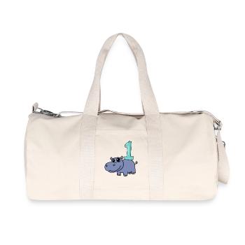 1 year old - school enrollment - hippopotamus motif - Recycled Canvas Sports Bag by Stanley/Stella - natural - Front