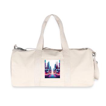 Futuristic Neon Skyline – Sci-Fi Cityscape Art - Recycled Canvas Sports Bag by Stanley/Stella - natural - Front