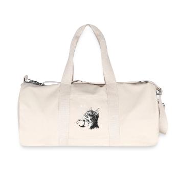 Relaxed Cat with Coffee - Sketch Style - Recycled Canvas Sports Bag by Stanley/Stella - natural - Front
