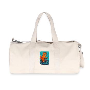 Playful Orange Cat Riding Bicycle Illustration - Recycled Canvas Sports Bag by Stanley/Stella - natural - Front