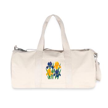Iris Harmony: Goldene und indigofarbene Blüten - Recycelte Canvas-Sporttasche von Stanley/Stella - Naturweiß - Vorne