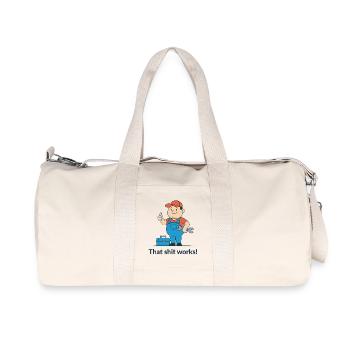 Werkzeugheld Cartoon Motiv. Endlich funktionierts! - Recycelte Canvas-Sporttasche von Stanley/Stella - Naturweiß - Vorne