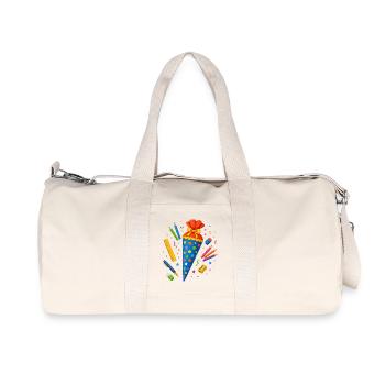Cône d’école coloré avec les fournitures scolaires - Sac de sport en toile recyclée Stanley/Stella - blanc naturel - Devant