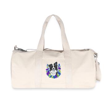 Joyful Border Collie Portrait with Floral Accents - Recycled Canvas Sports Bag by Stanley/Stella - natural - Front