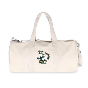 Einhorn-Fußballmaskottchen beim Fahrradtritt - Recycelte Canvas-Sporttasche von Stanley/Stella - Naturweiß - Vorne