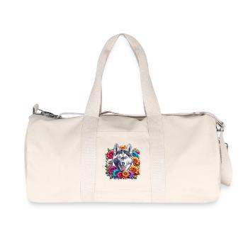 Husky und Blumen Muster - Recycelte Canvas-Sporttasche von Stanley/Stella - Naturweiß - Vorne
