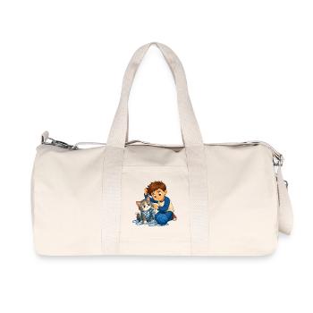 Junge befreit Katze sanft aus blauem Wollknäuel - Recycelte Canvas-Sporttasche von Stanley/Stella - Naturweiß - Vorne