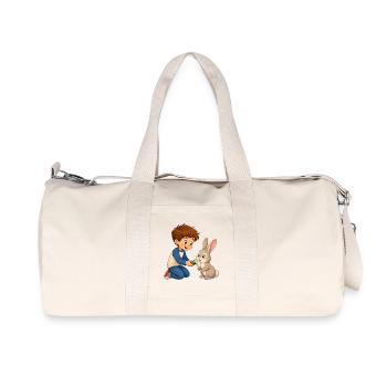 Kaninchen bekommt Gurke vom fröhlichen Jungen - Recycelte Canvas-Sporttasche von Stanley/Stella - Naturweiß - Vorne