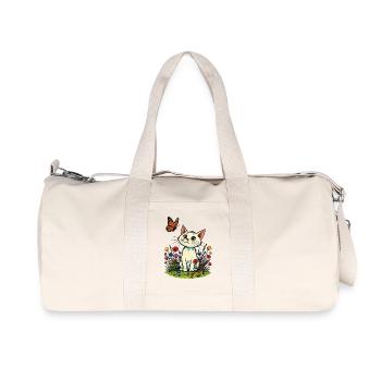 White cat with butterfly on flower meadow - Recycled Canvas Sports Bag by Stanley/Stella - natural - Front