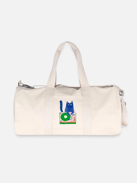 Blue Cat DJ on Whimsical Turntable - Recycled Canvas Sports Bag by Stanley/Stella - natural